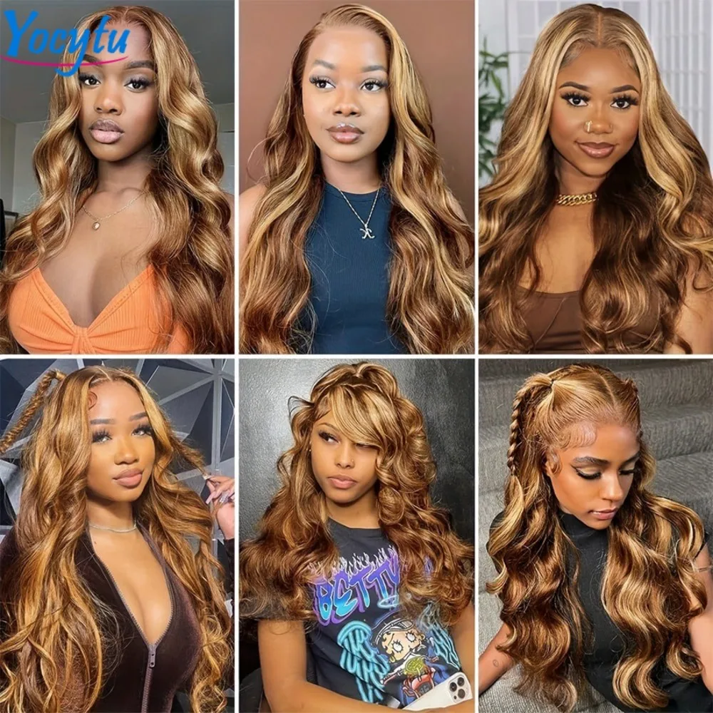 13X4 Highlight Perücke Echthaar 26 Zoll Körperwelle Echthaar Perücken 4/27 Honigblonde Echthaarperücke Ombre Braun gefärbte Echthaarperücken – Detail 9