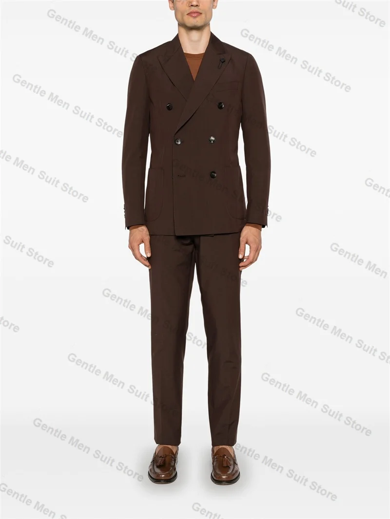 

Brown Cotton Men Suits 2 Piece Blazer+Trousers Double Breasted Wedding Tuxedo Male Prom Coat Customized Formal Office Jacket