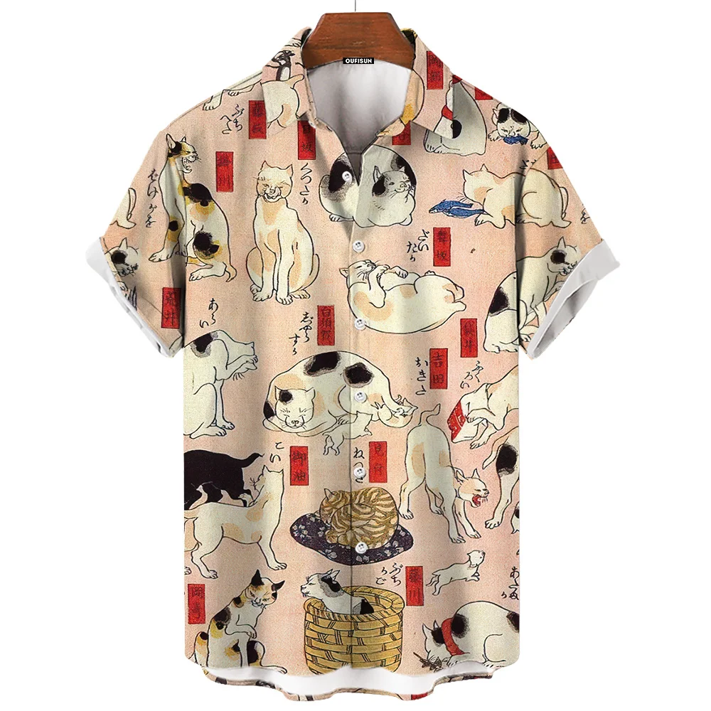 

Ukiyoe Style Men's Shirt Series Loose Fit Short Sleeve Shirts For Men Big Graphic Animal Printed Men's Clothing Casual Man Tops