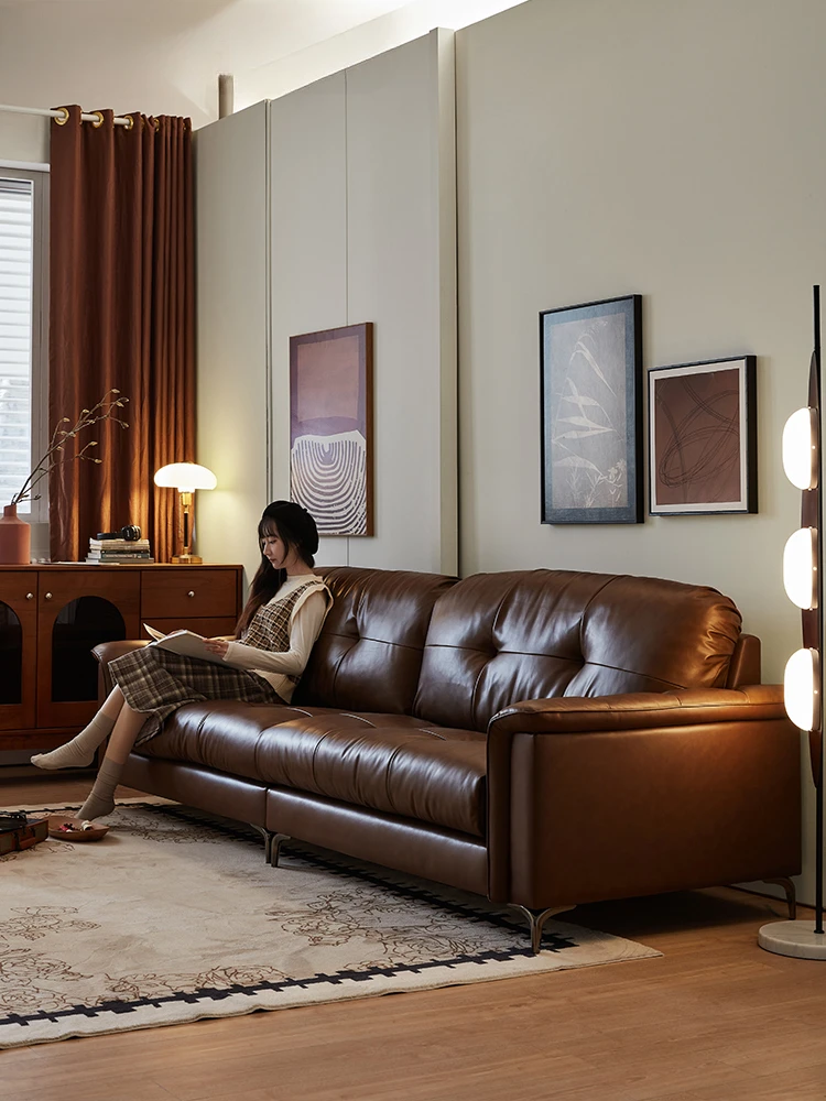 Yurui sofa retro style down soft oil wax leather sofa, medium ancient living room small unit, aniline leather brown