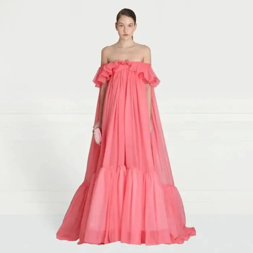 New Coral Red Evening Pageant Dress 2024 Off Shoulder Chiffon Outfit Women Prom Party Formal Gowns Maternity Wear Vestidos De