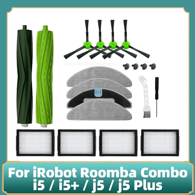 Kit de repuesto para Irobot Roomba Combo I5, I5 +, J5, J5 +, cepillos de goma multisuperficie duales, filtros, almohadillas de fregona, cepillo lateral