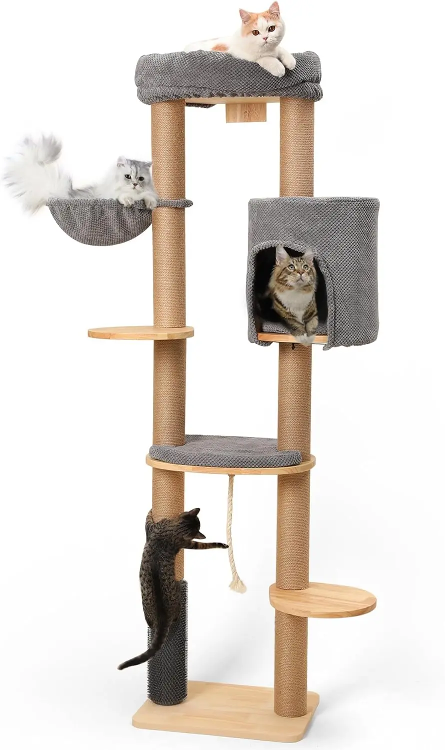 74 Inch Large Cat Tower Wall-Mounted, Solid Rubber Wood Cat Wall Shelves, Cat Condo with Scratch-Resistant