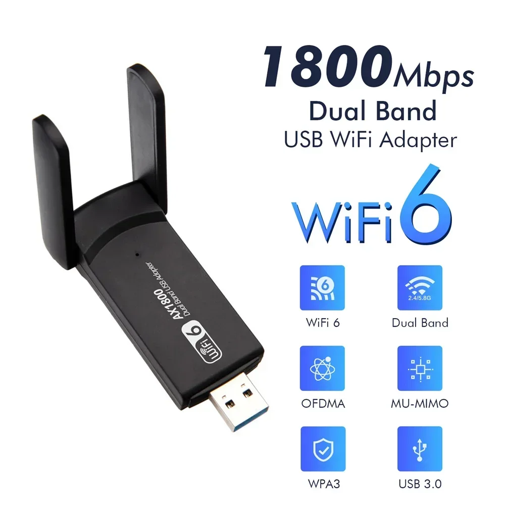 1800Mbps WiFi 6 USB Adapter 802.11AX 2.4G/5GHz USB3.0 Wireless Network Card Antenna Wi-Fi Dongle MT7921AU for Win 10/11 PC