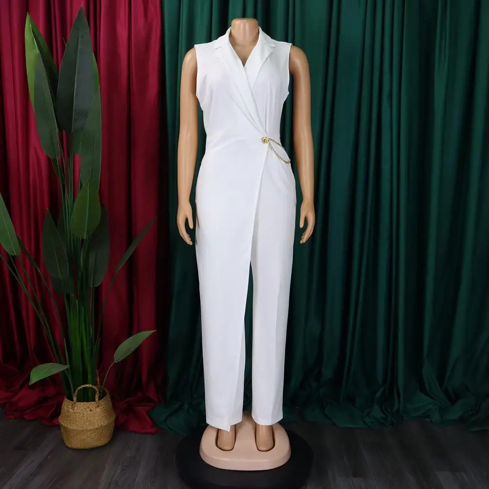 Women Jumpsuit Elegant V Neck Jumpsuit with Chain Detailing for Women Formal Business Style Wide Leg Suit for Summer Commuting