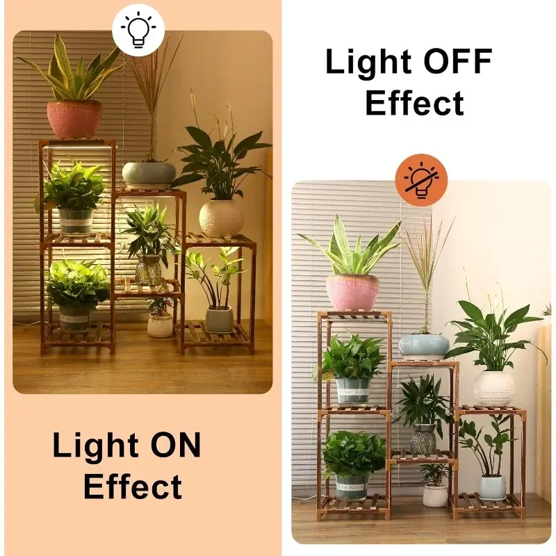 With Grow Light, Full Spectrum Led Grow Light, Timer Function and Brightness Adjustment, 7 Floor Indoor Wood Plant Stand