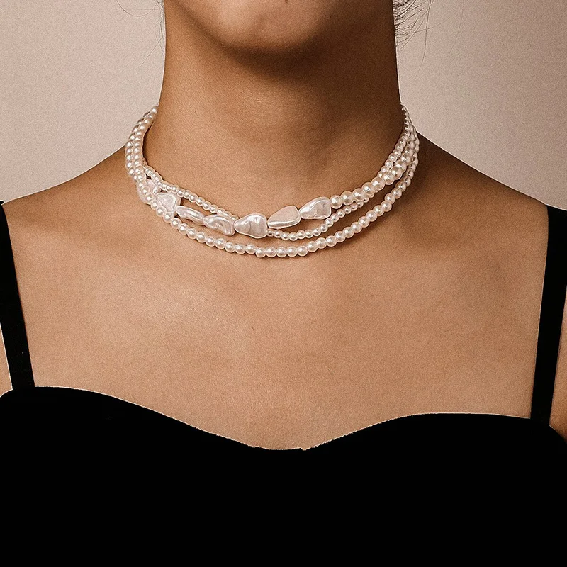 Vintage Pearl Necklace for Woman Elegant Chokers Multi-Layer Neck Chain Imitation Pearls Heart Necklace Wedding Party Jewelry