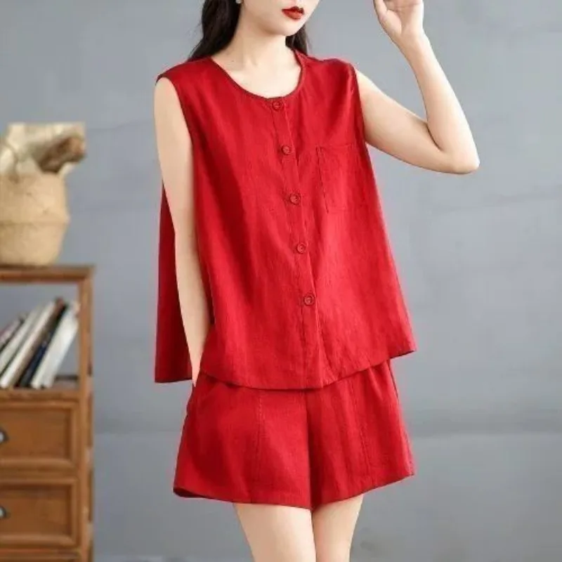 Summer Shorts Sets 2026 New Women Fashion O-Neck Cardigan Sleeveless Vest Coat And Shorts Pants Two-piece Suits Large Size 5XL