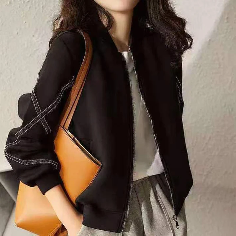 Gidyq lässig schwarze Frauen Bomber jacken Herbst Winter koreanische Mode o Hals Mäntel Langarm Reiß verschluss Baseball kurze Oberbekleidung