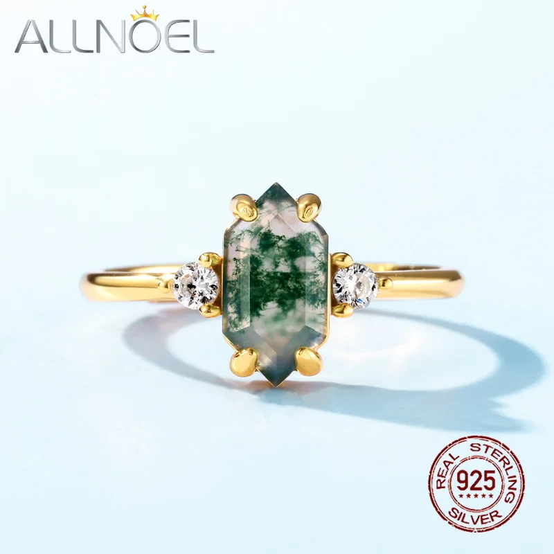 

ALLNOEL 925 Sterling Silver Women Original Natural Moss Agate Green Gemstone Anniversay Gift Fine Jewelry Elegant Court Style