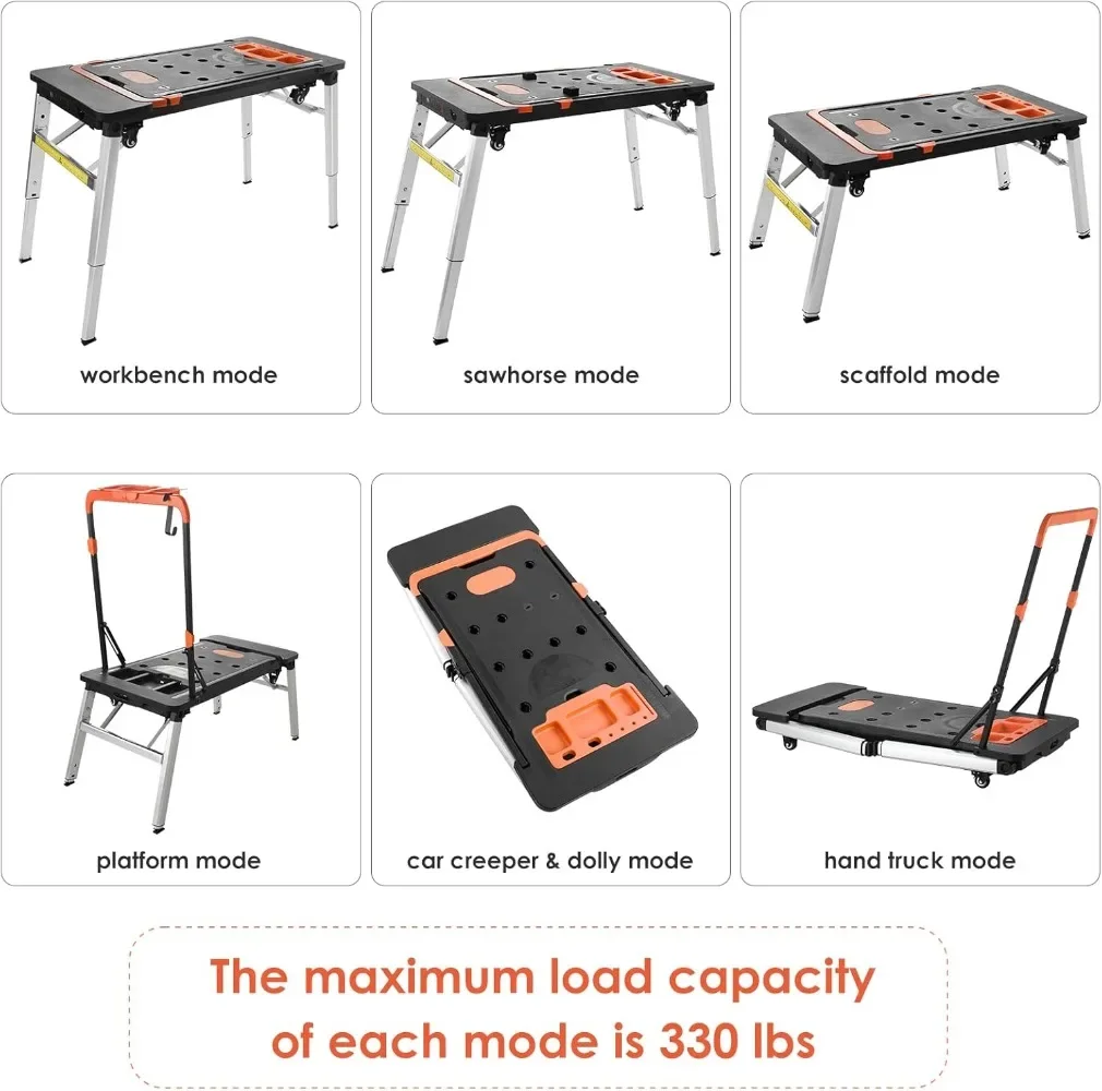 Multifunctional Folding Work Table, 7 in 1 Work Benches for Garage, as Portable Workbench, Sawhorse, Scaffold, Car Creeper