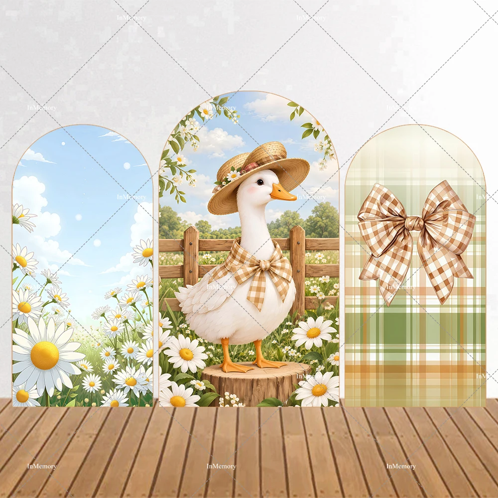One Silly Goose Arch Backdrop Cover Kids 1st Birthday Party Decor Daisy Blow Green Brown Plaid Arched Background Single 2-sided