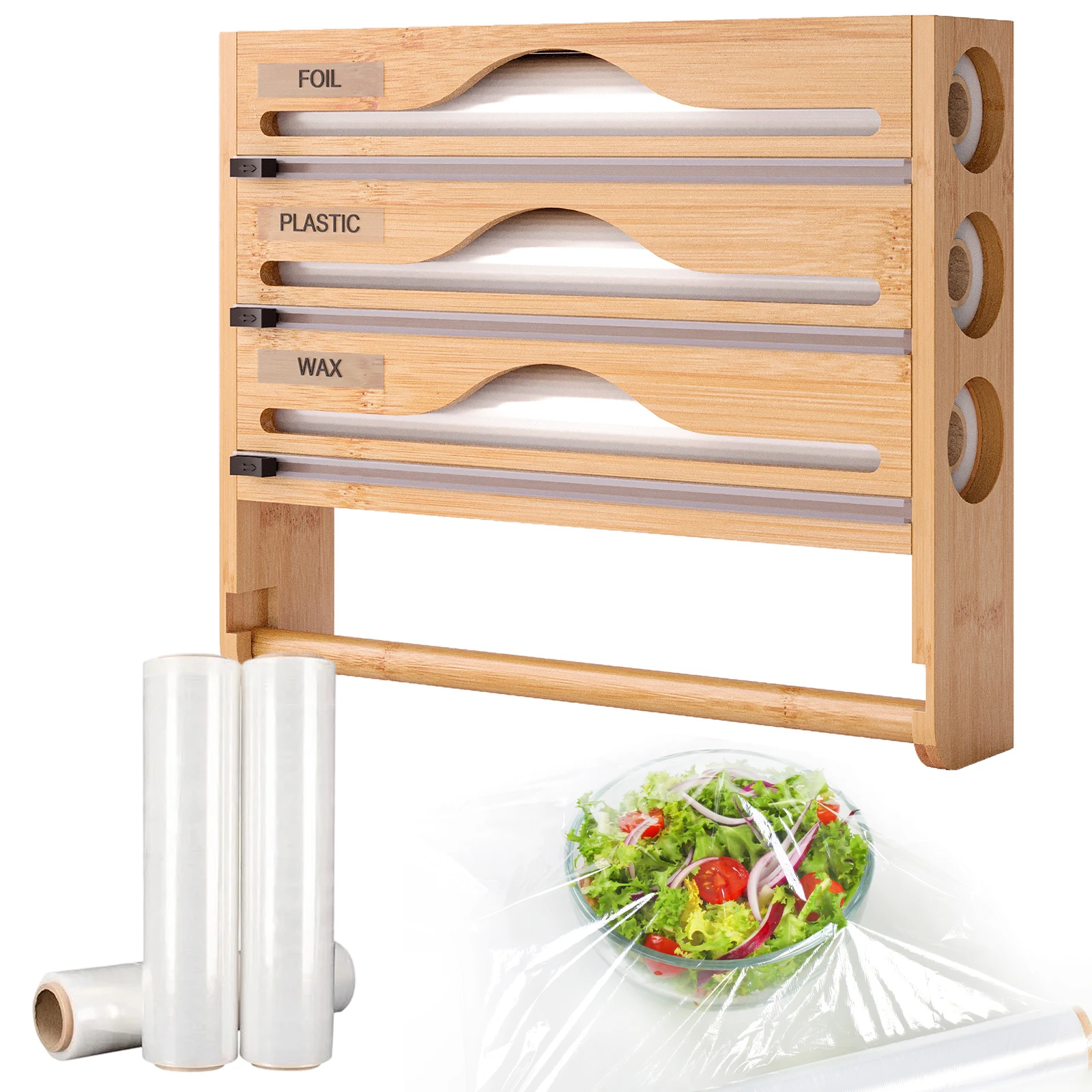 3-in-1 Kitchen Wrap Organizer with Cutter and Top Shelf Kitchen Roll Storage Bamboo Foil Dispenser and Cutter for 12 Inch Foil