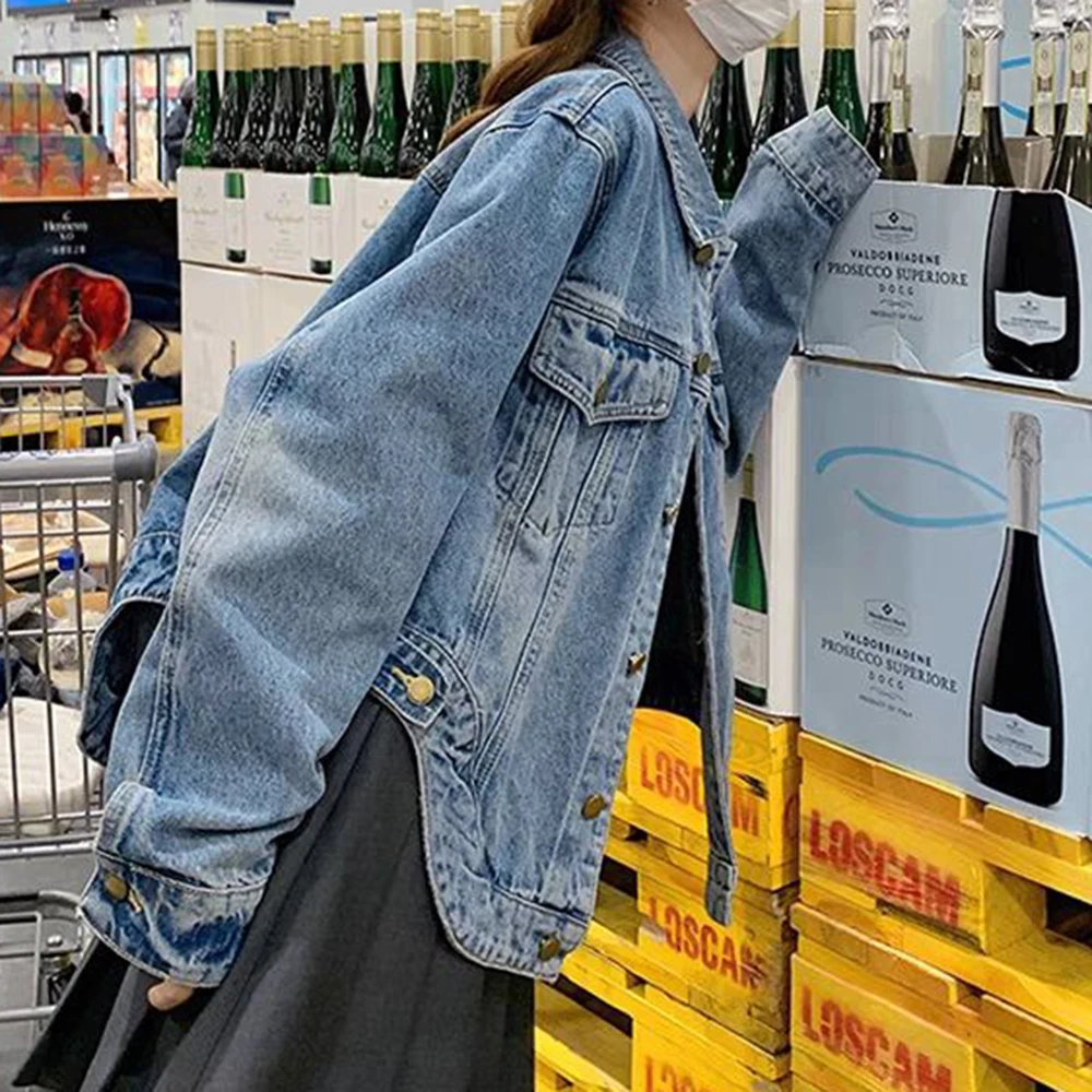 Blue washed denim jacket for women's small spring and autumn new fashion versatile irregular denim casual top