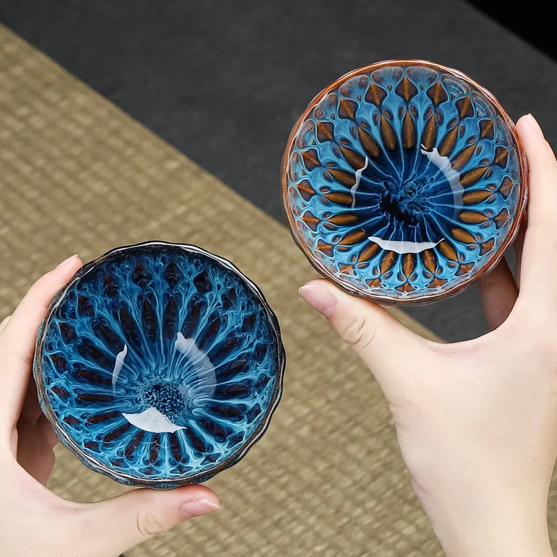 Floral Rim Jian Zhan Tea Bowl Kiln Variation Glaze Ceramic Personal Master Cup for Gongfu Tea Drinking Zen Meditation Gift
