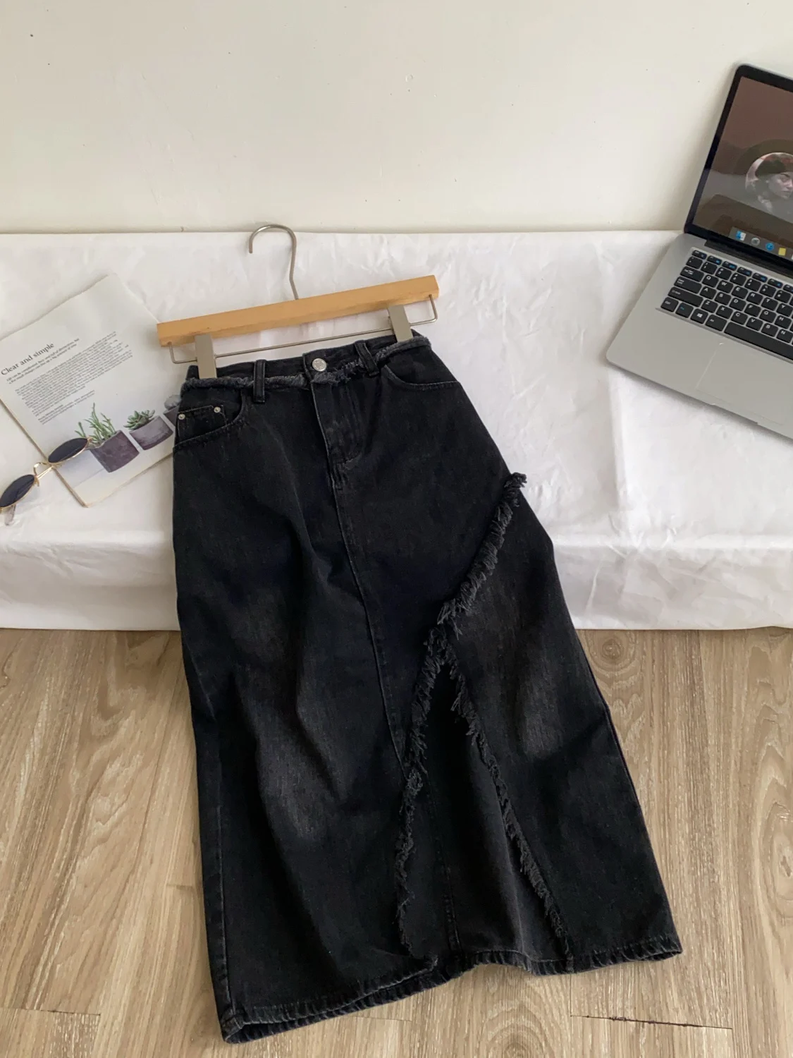 Korean Style High Waist A-Line Midi Skirt Women's Spring Summer Asymmetrical Slit Frayed Hem Slimming Skirt Commute Skirt