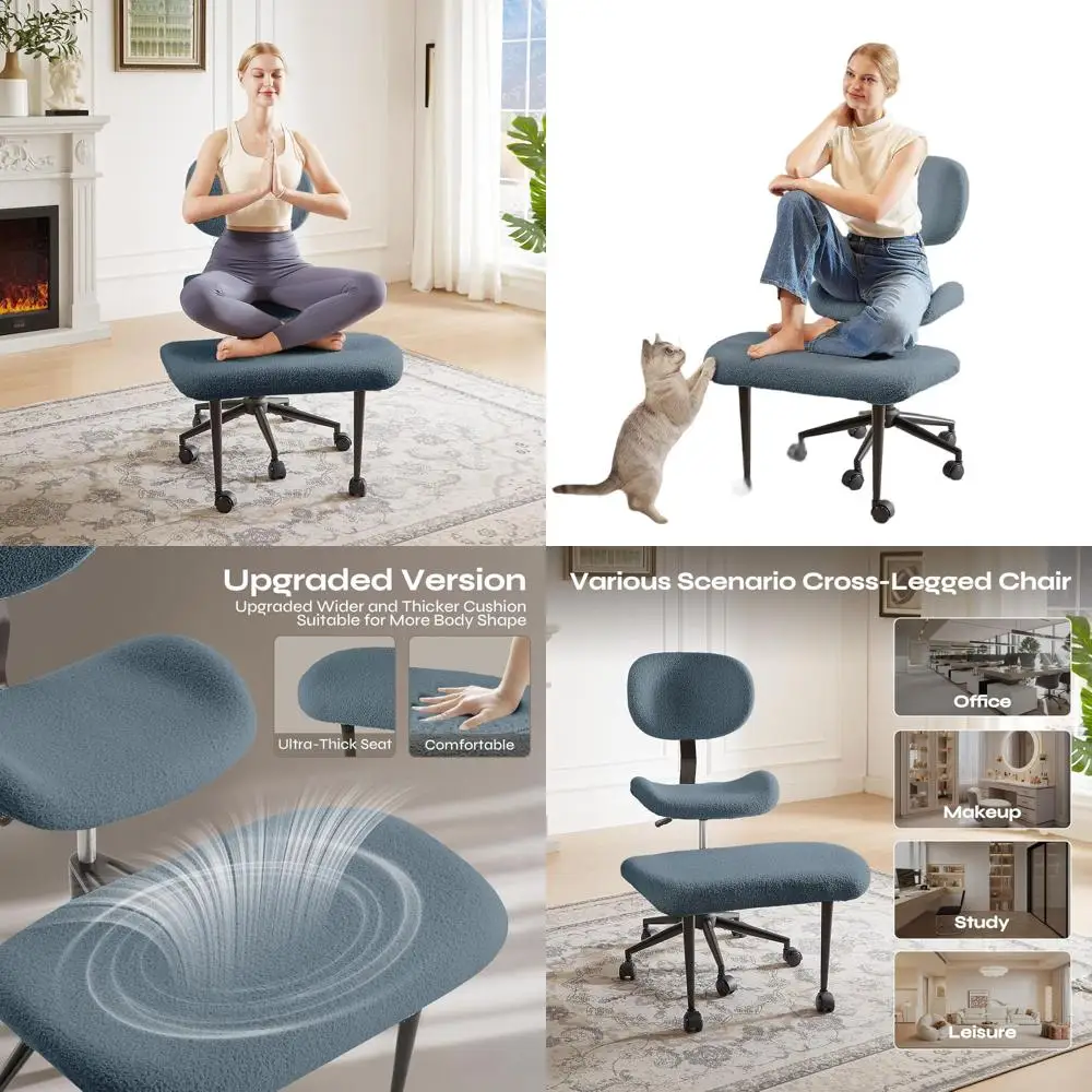 

360 ° Эргономичное поворотное кресло для людей с СДВГ и для медитации, синяя ткань «Тедди», с поясничной поддержкой и функцией сидения на коленях