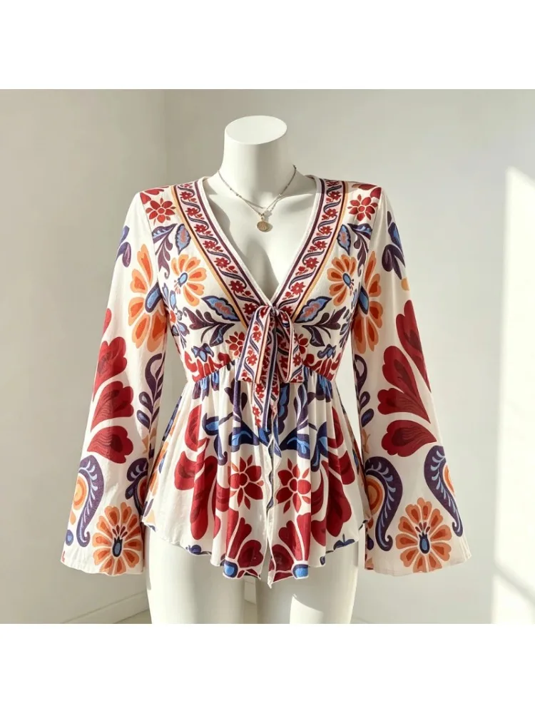 New Fashion V Neck Printed Cover Up Vacation Summer Plus Size Women's Blouse Beach Flare Sleeve Mesh Semi-sheer Loose Fit Shirt view 6