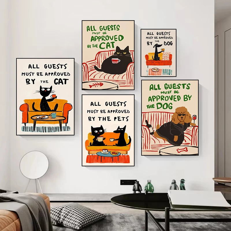 Todos los invitados deben ser aprobados por la serie Cat Dog, póster humorístico impreso, imágenes artísticas en lienzo para decoración moderna de pared de salón