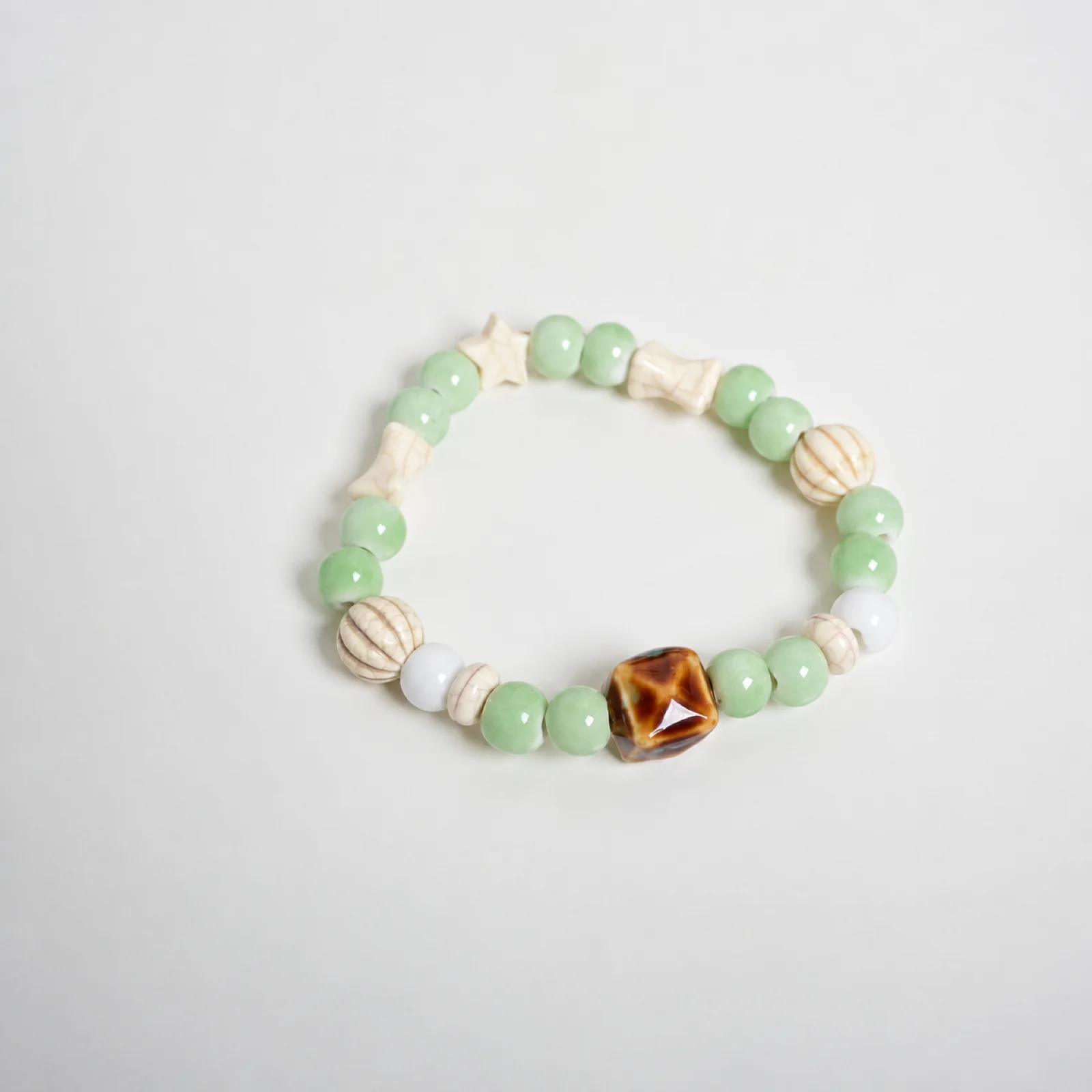 Handmade Ceramic Bead Bracelet with Acrylic Square Bead and Handwoven Stretch Cord Forest Style Jewelry 608P17-06