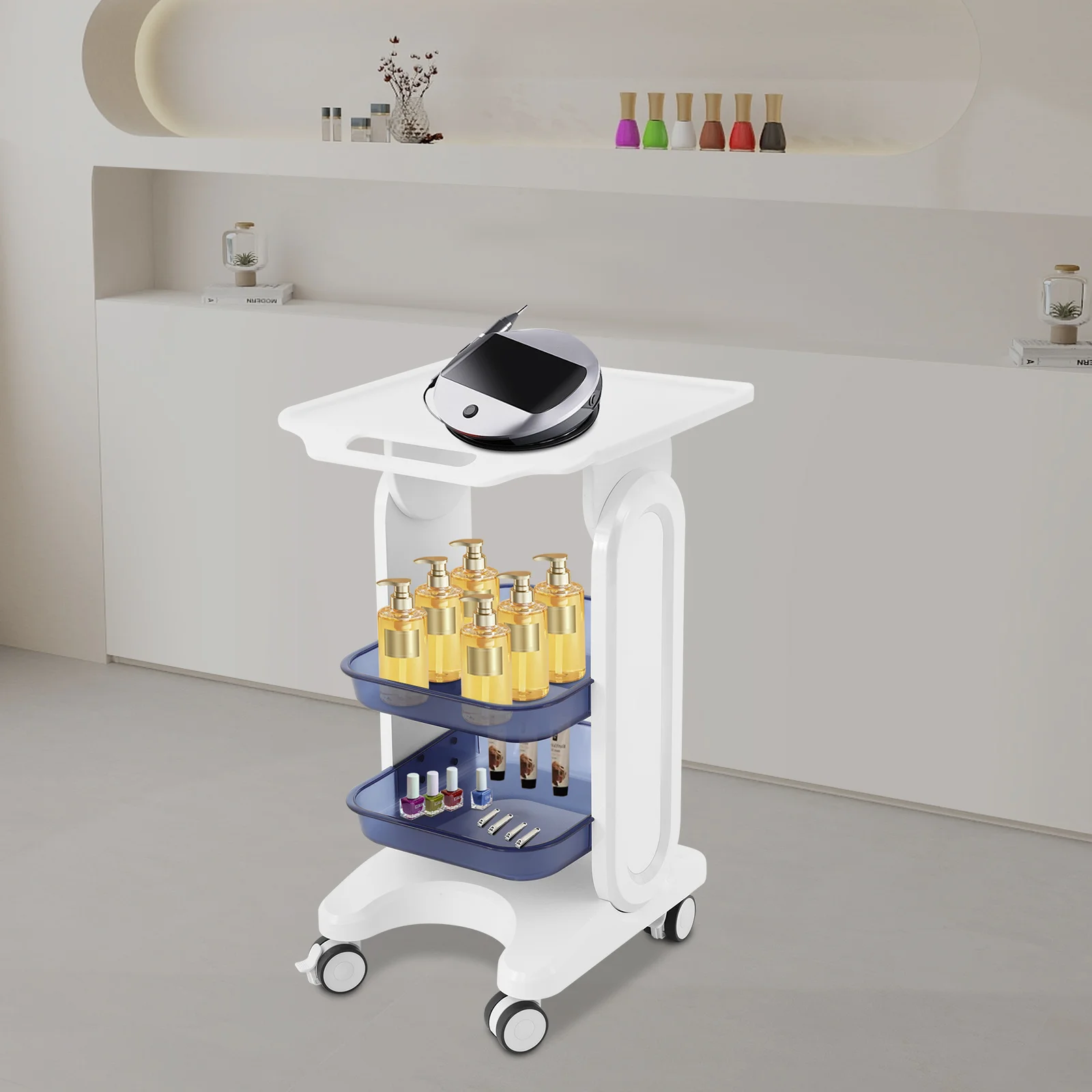 Professional 3-Tier Beauty Salon Storage Cart, PC Mobile Utility Tray Stand with Wheels & Brakes, Aesthetic White-Blue Design, Space-Saving Organizer for Spa, Clinic, Nail Salon, Home Use, No Assembly Required