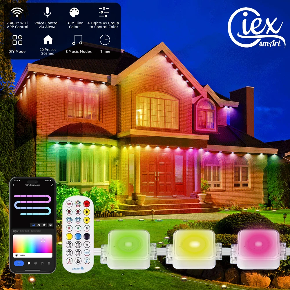 WIFI Permanent Outdoor Eaves Lights RGBIC LED Lights for Daily&Accent Lighting Christmas IP67 Waterproof Alexa Google Assistant