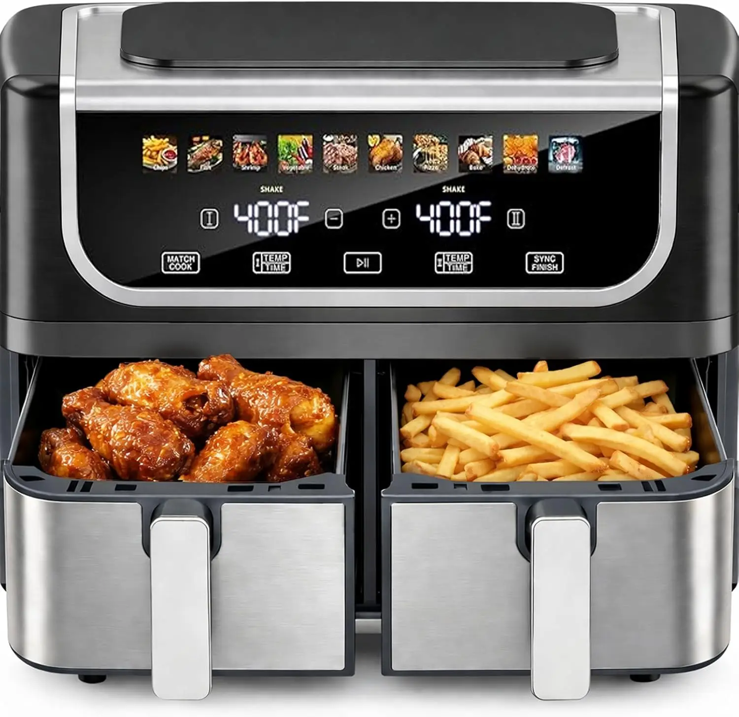 

9.5-Qt Dual Basket Air Fryer, 10-in-1 1700W, Sync Cook, Independent Temp Control, Shake Reminder, Nonstick, Black