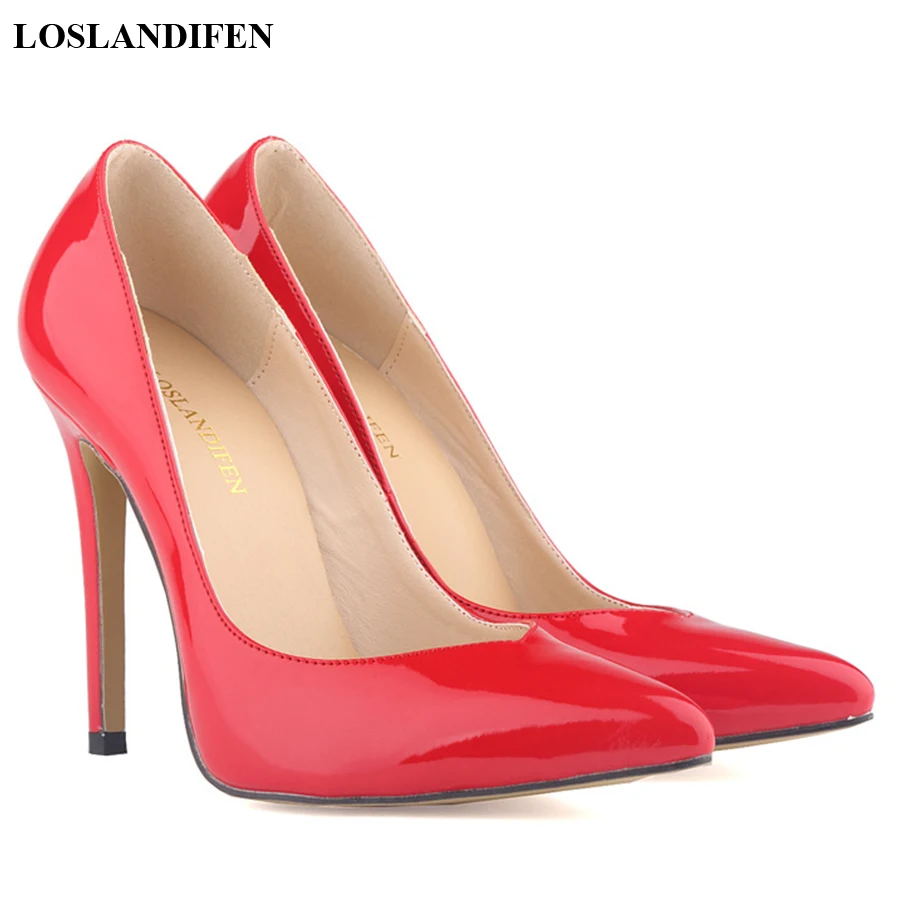 

LOSLANDIFEN Women Pumps Autumn Fashion Patent Leather High Heels Shoes Pointy Toe Ladies Party Office Shoes Stiletto Red Wedding