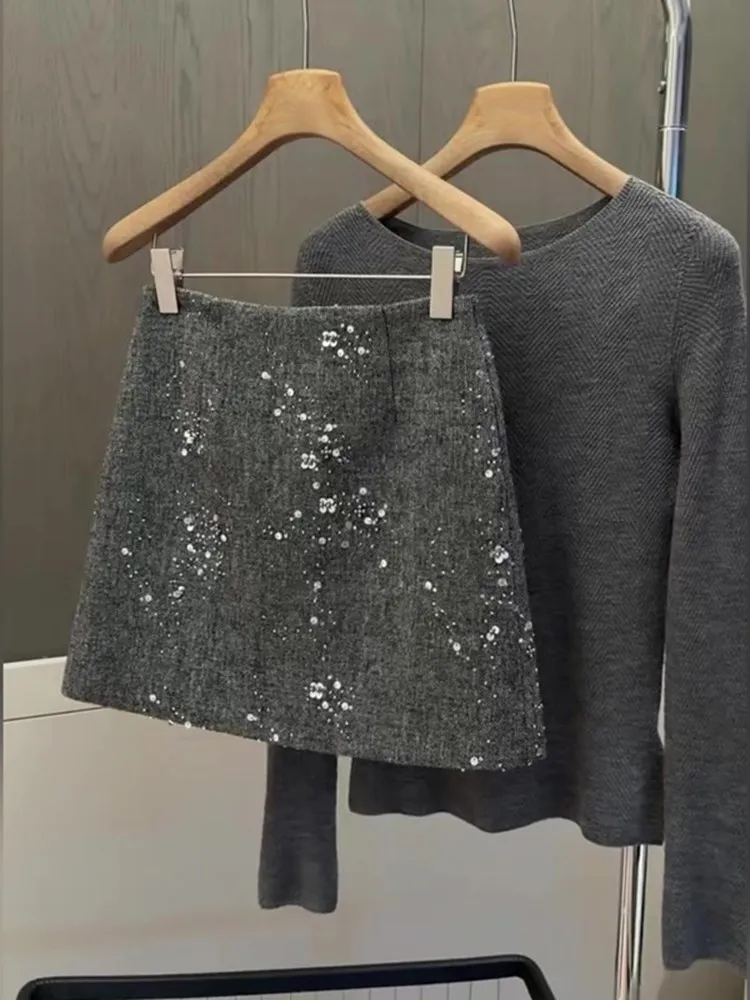 

ay Woolen Sequin Embellied A-Line Skirt High Waist Slimming Ele Women's Autumn Winter New Sle ort Skirt