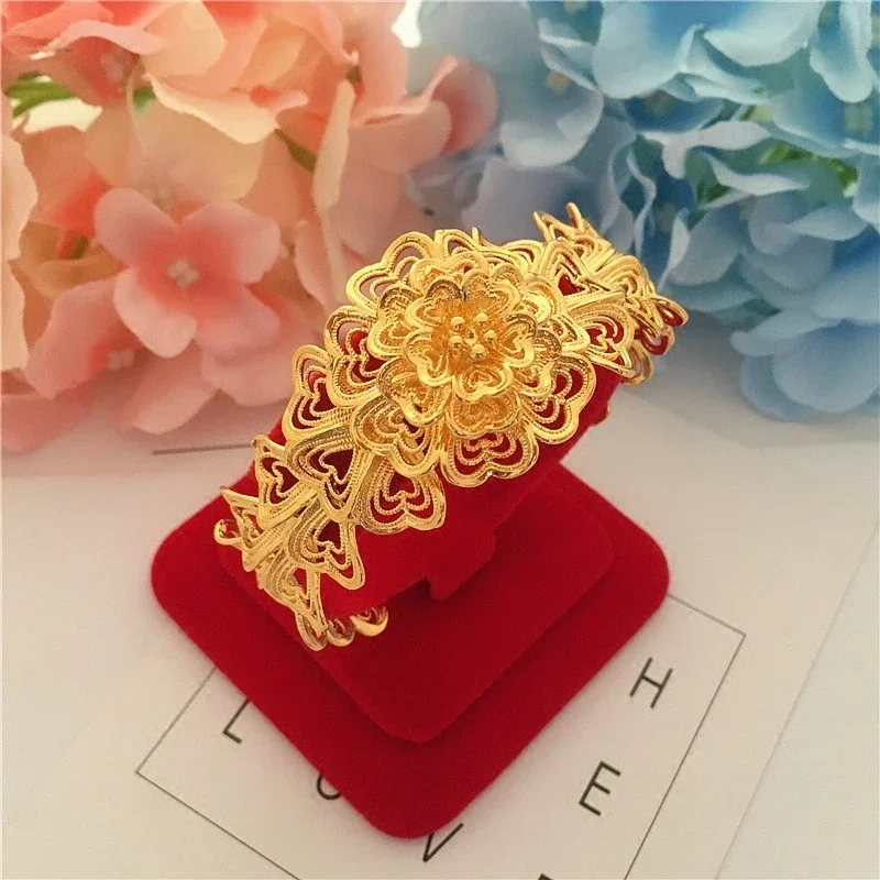 Big Flower Hollow Bracelet Female European Pure Gold Plated Plated 100% 24K Real Gold 18K Bracelet Imitation Gold Bracelet Gifts