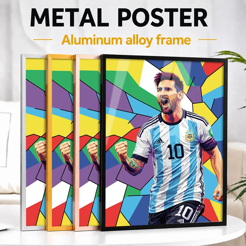 Póster metálico con el diseño de la camiseta de Lionel Messi en Argentina, ilustración personalizada para decorar paredes, ideal para un salón deportivo o como regalo para un aficionado al fútbol.