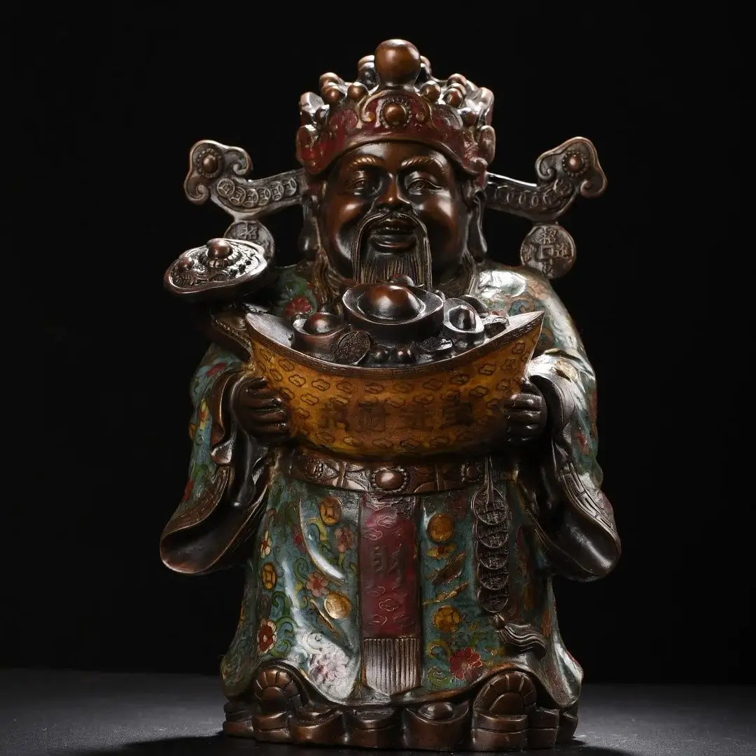 

13"Tibetan Temple Collection Bronze Cloisonne Enamel God of Wealth Treasure Bowl Yuanbao Coin Amass wealth Worship Hall