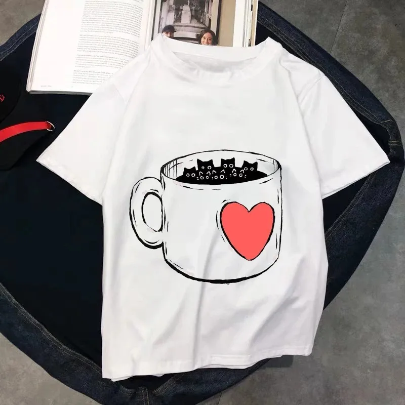 Cartoon Cat Streetwear Fashion Girls T-Shirts Harajuku Kawaii White Clothes Short Sleeve Summer Tees Casual Female O-Neck Tops