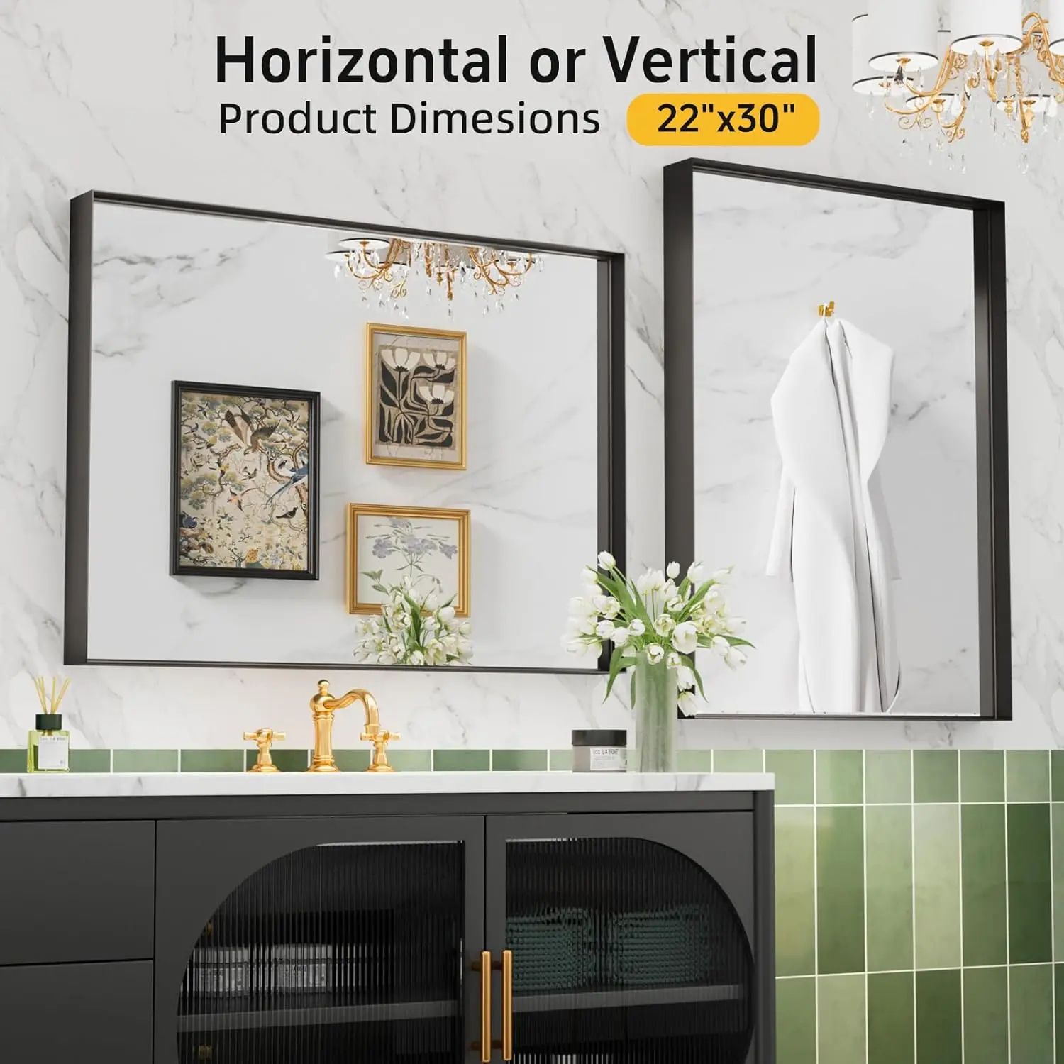 مرآة حمام مستطيلة مقاس 22 × 30 بوصة مع إطار من الألومنيوم، زجاج مقسى، مضادة للصدأ، طراز مزرعة أفقي/عمودي