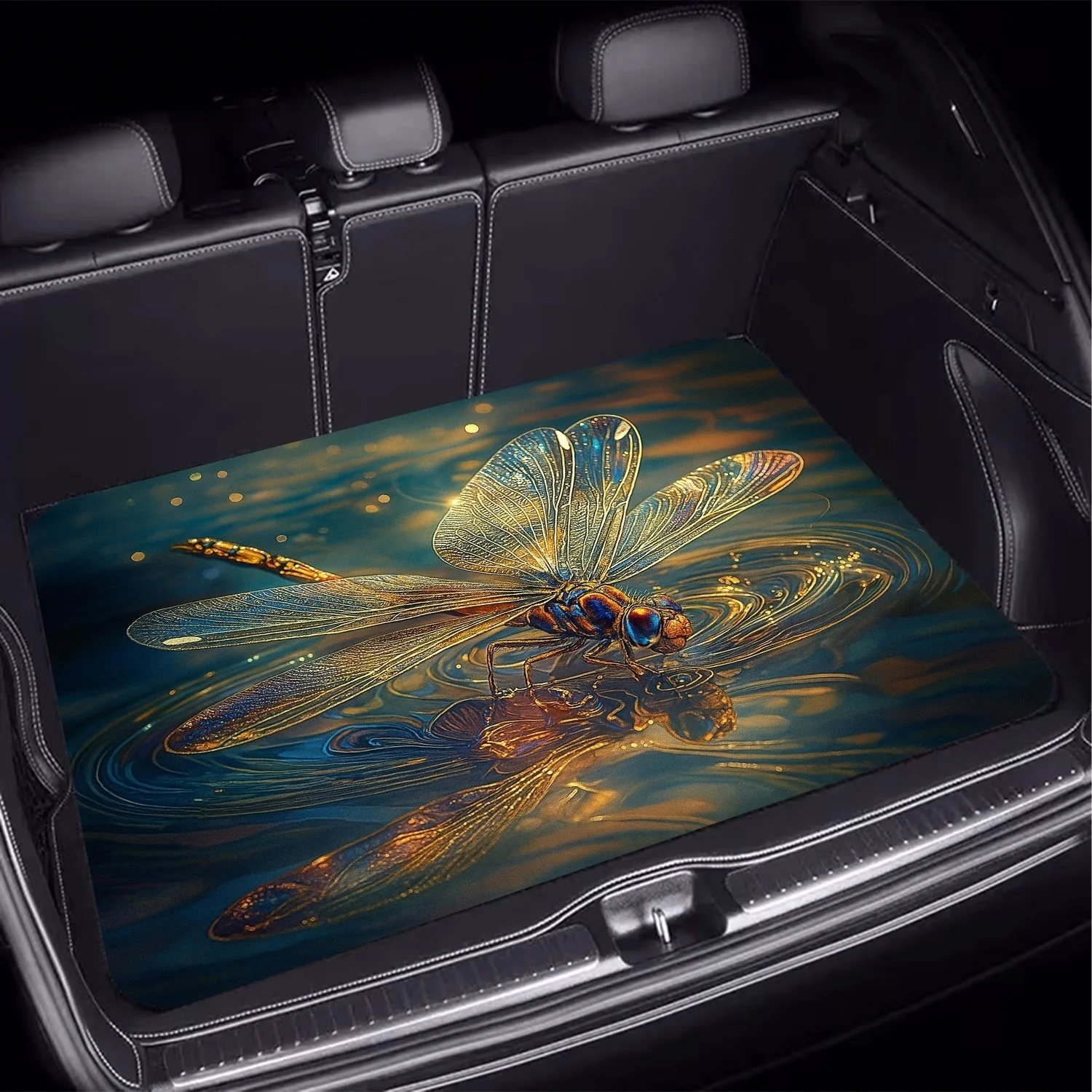 Car Trunk Mat, Golden Dragonfly Water Ripple Art Print Cargo Liner, Non-Slip Rear Trunk Protector, Women Car decor, Car Accessories, Interior Decoration Mat, Universal Fit For SUV Sedan Truck, Luxurious Mag