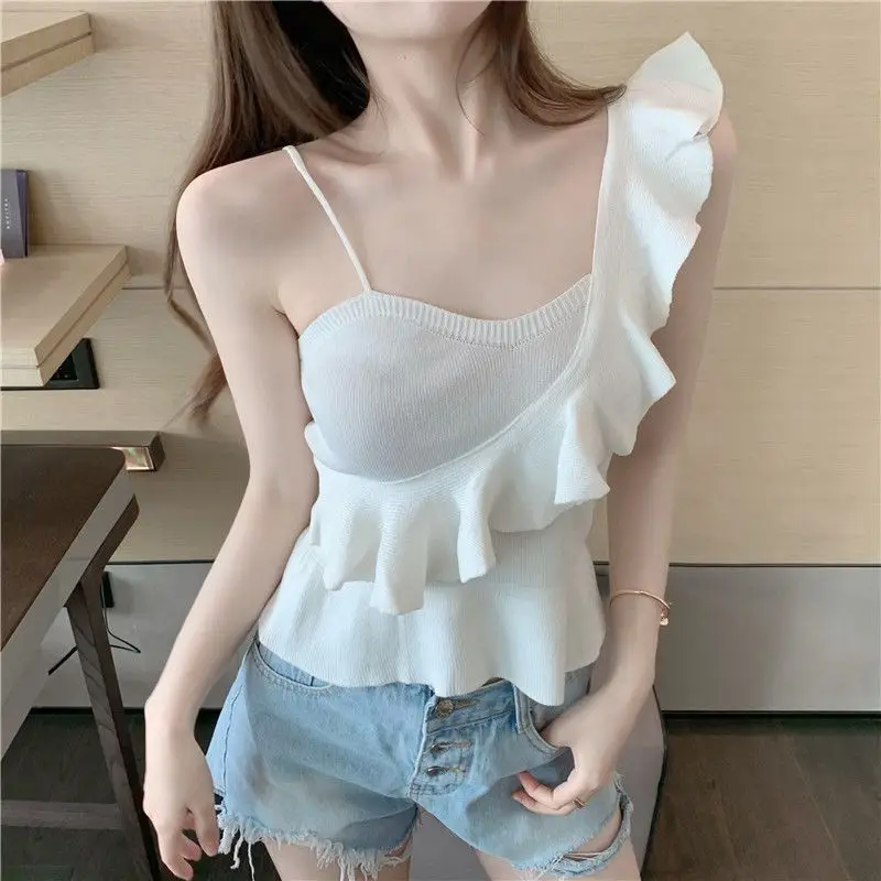

Sling Sexy Ruffle Spicy Girl Fairycore Cute Asymmetrical Neck Sweet Fashion Summer Short Sleeve Sling Solid Woman Clothing