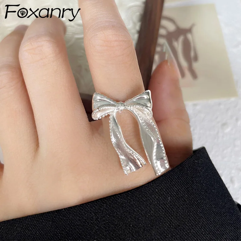 Foxanry 여성용 실버 컬러 긴 나비 매듭 반지, 한국 패션, 달콤하고 우아함, 과장된 클래식 약혼 주얼리 선물