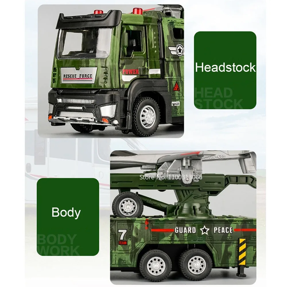 1:32 Military Drone Launch Vehicle Toys Cars Alloy Models Wheel Pull Back with Light Sound Miniature Car for Boys Birthday Gifts