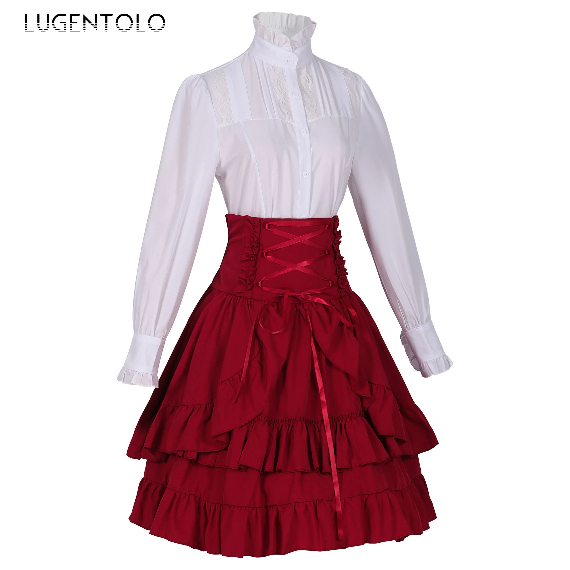 Women Gothic Shirt Skirt Sets Retro Victorian Long Sleeve Top Folds Bandage Slim Skirts Party Lady Medieval Stage Dress Sets