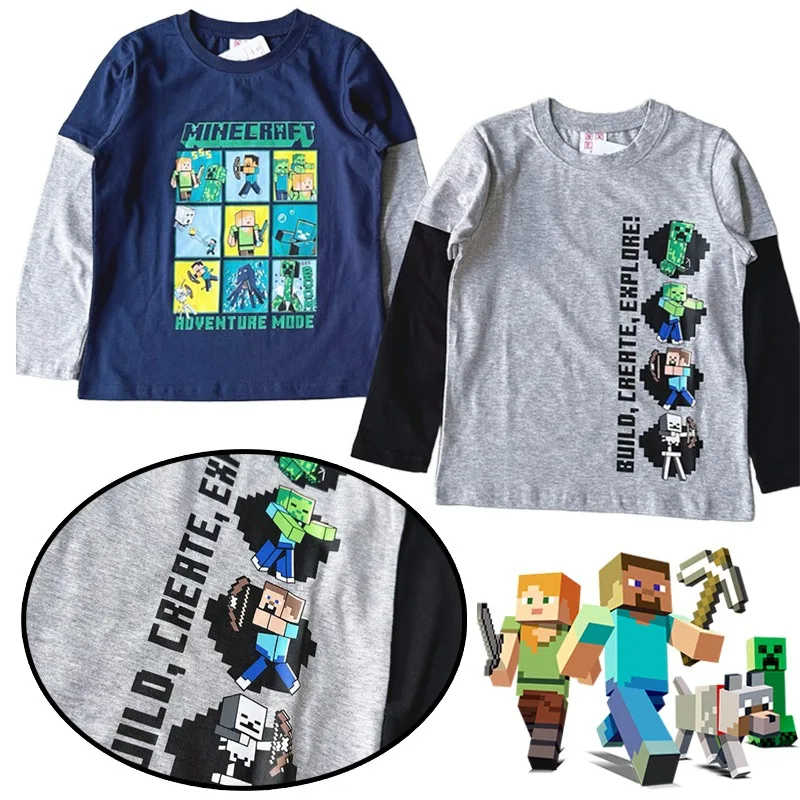 Minecraft Autumn Long-Sleeve T-Shirt for Children's Fashion Fake Two Pieces Base Layer Clothing Sleeve-attached Hoodie Gifts