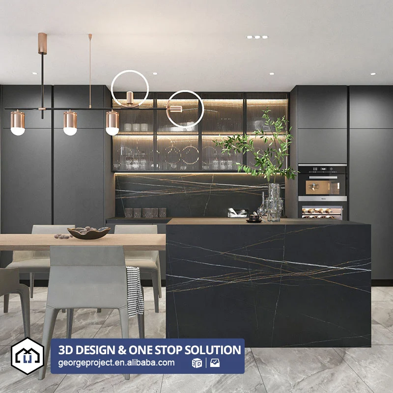 Modern custom design Australian flat-wrapped American black-lacquered luxury kitchen cabinets