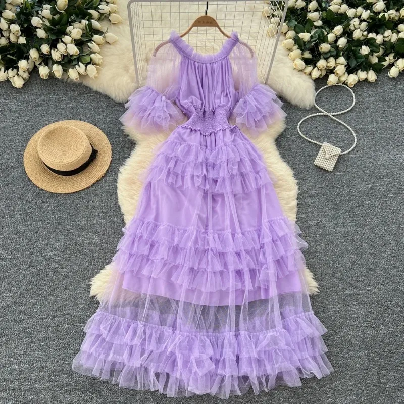 Chic plissé élégant manches courtes évasées col rond maille robes Vintage mode coréenne soirée décontracté femmes vêtements d'été
