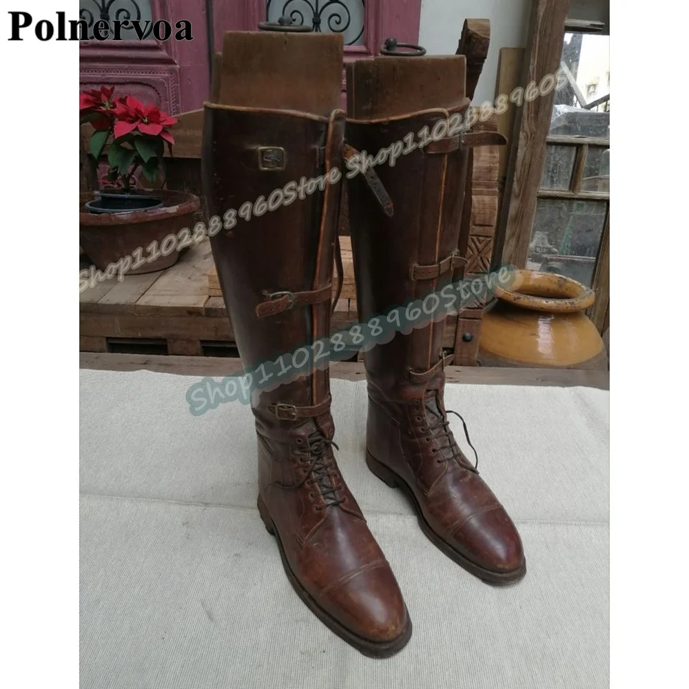 

Knight Knee High Brown Cross Tied Buckle Strap Men Boots Flats Shoes For Men Patchwork Banquet Catwalk 2026 Fashion Men Boots
