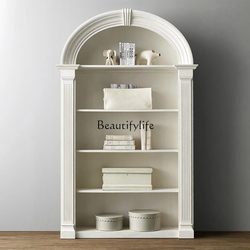 American-Style Warm White Solid Wood Bookcase French Semicircle Arch Multi-Functional Storage Display Cabinet