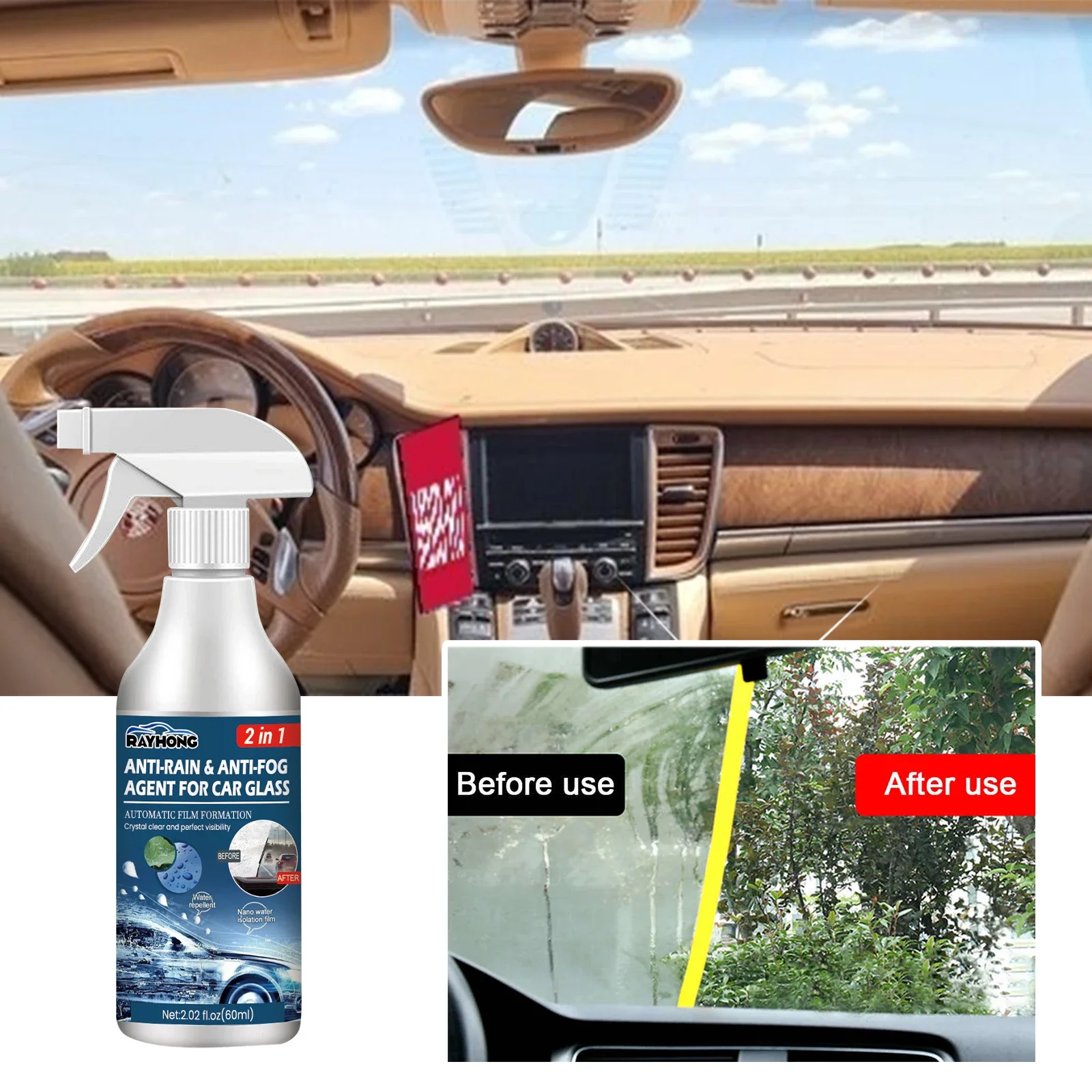 60ML Anti-Rain & Anti-Fog Coating Agent Auto Window Hydrophobic Agent Anti Fog Spray Defogger for Car Windshield Glass