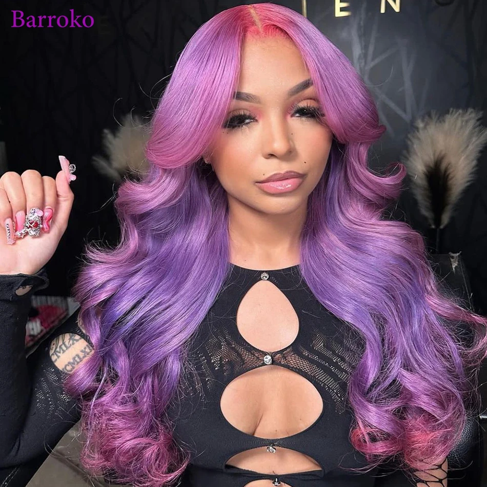 Barroko Body Wave Perücken rosa mit lila Omber gefärbten Echthaar Perücken peruanisches Haar vor gezupfte vordere Spitze Perücke für schwarze Frauen