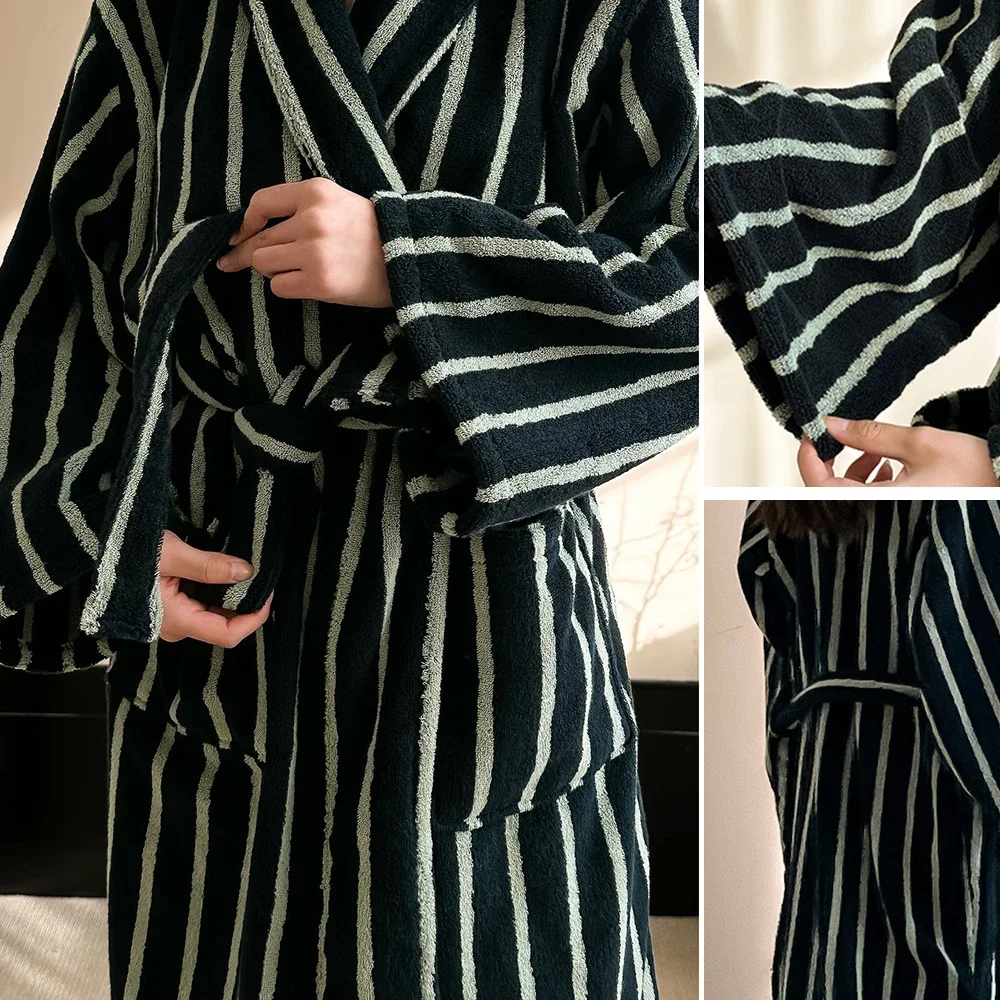 Cotton Couple Striped Bathrobe Autumn Winter Retro Simple Long Robe Sleepwear with Pocket Loose Nightwear Home Dress Loungewear