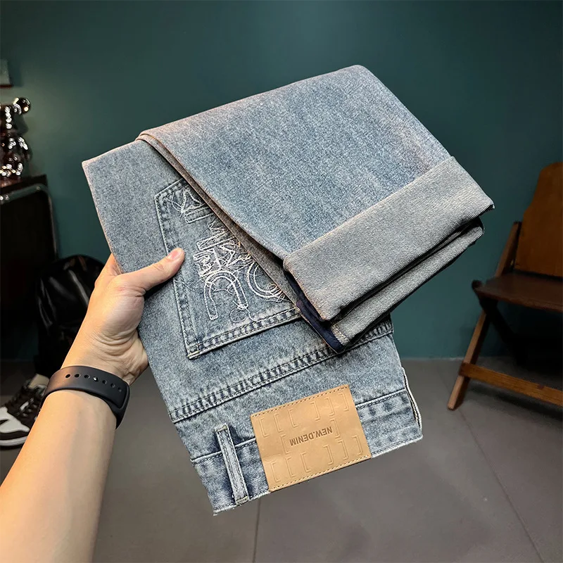 Summer Cropped Jeans Men's All-Matching Fashion Brand Embroidery Loose Hole Pencil Pants Fashion High-End Retro Pants