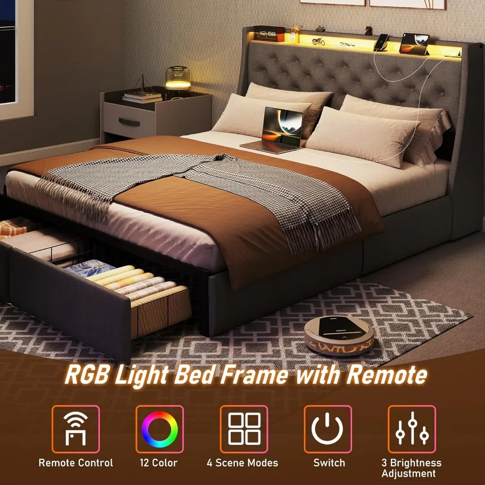 SADENICEL Queensize bedframe met opberghoofdeinde en 2 lades, metalen queensize bedframe met LED-licht, oplaadstation