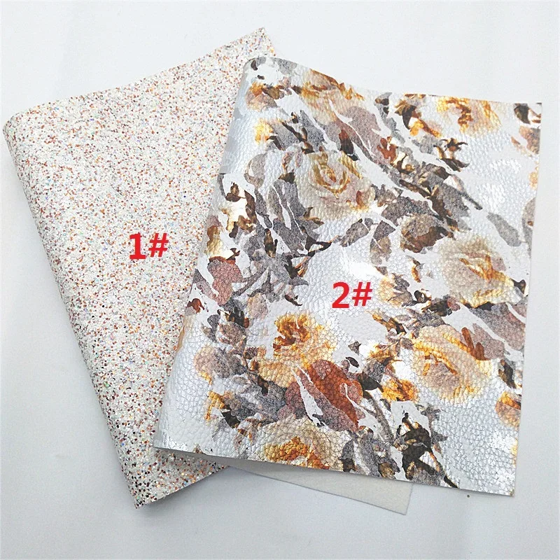 Leopard Flowers Custom Faux Leather Flowers Weave Embossed Synthetic Leather Gold White Mixed Glitter Vinyl For DIY 21x29CM Y375